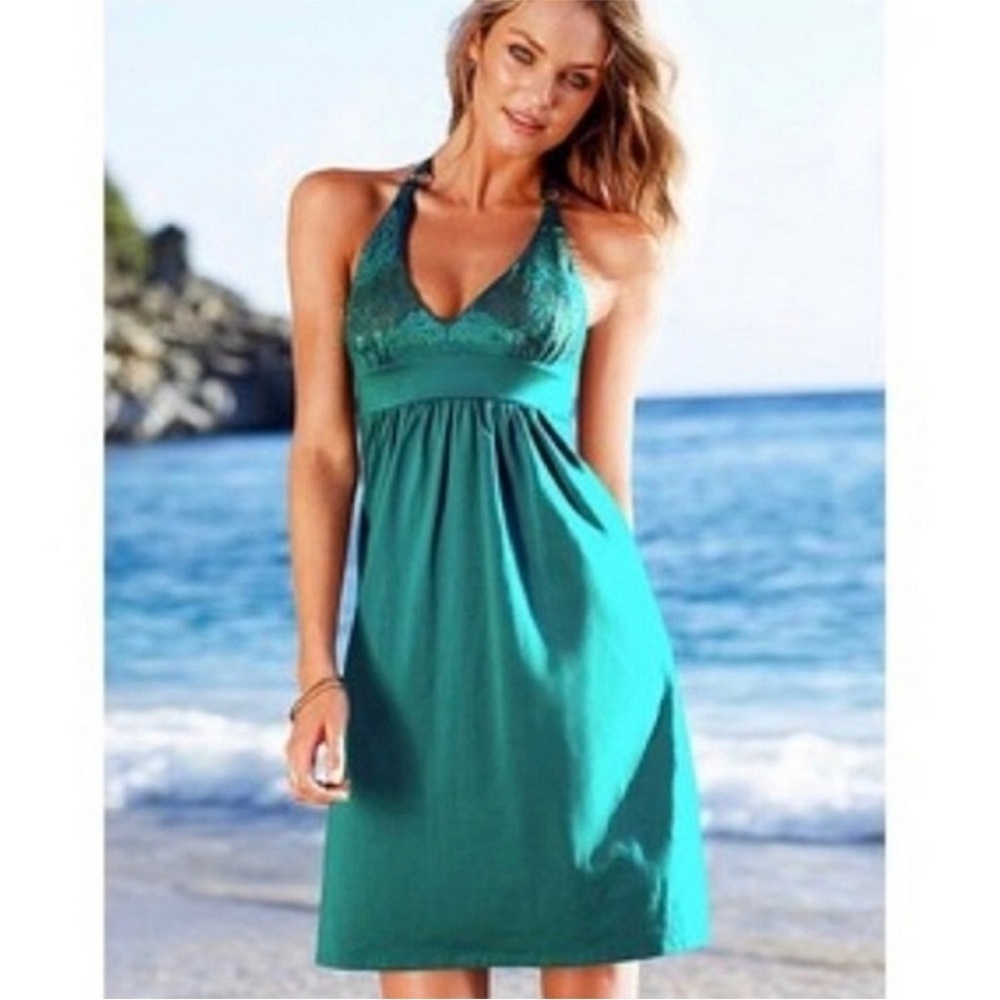 VICTORIA’S SECRET Mermaidcore Y2K Teal Sequin Gold Ring Halter Bra Top